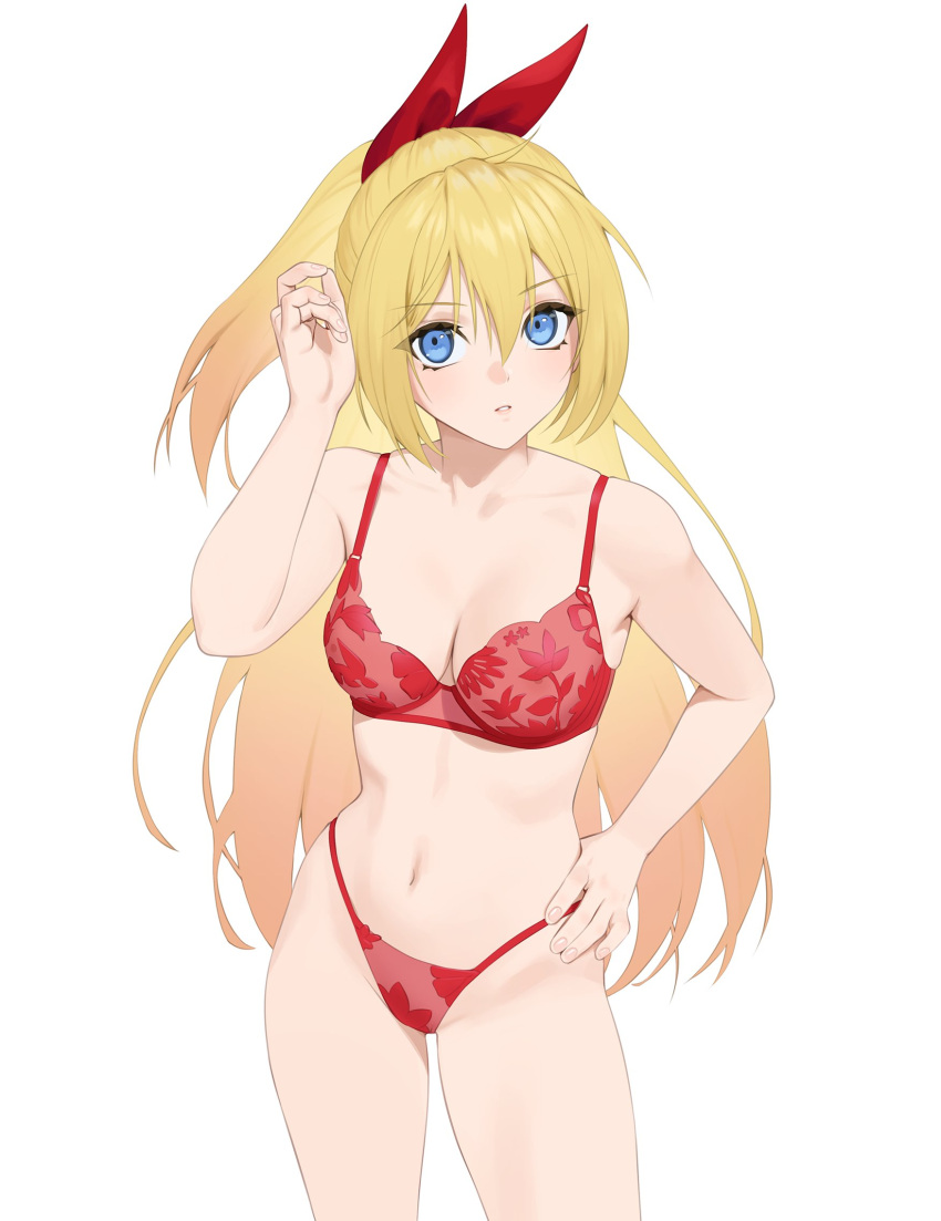 arm_up bare_arms bare_shoulders blonde_hair blue_eyes bra breasts carlo_montie commentary cowboy_shot english_commentary female hair_between_eyes hair_ribbon hand_on_own_hip highleg highleg_panties highres kirisaki_chitoge long_hair looking_at_viewer medium_breasts navel nisekoi panties parted_lips red_bra red_panties red_ribbon ribbon simple_background solo standing stomach string_panties teeth underwear underwear_only very_long_hair white_background