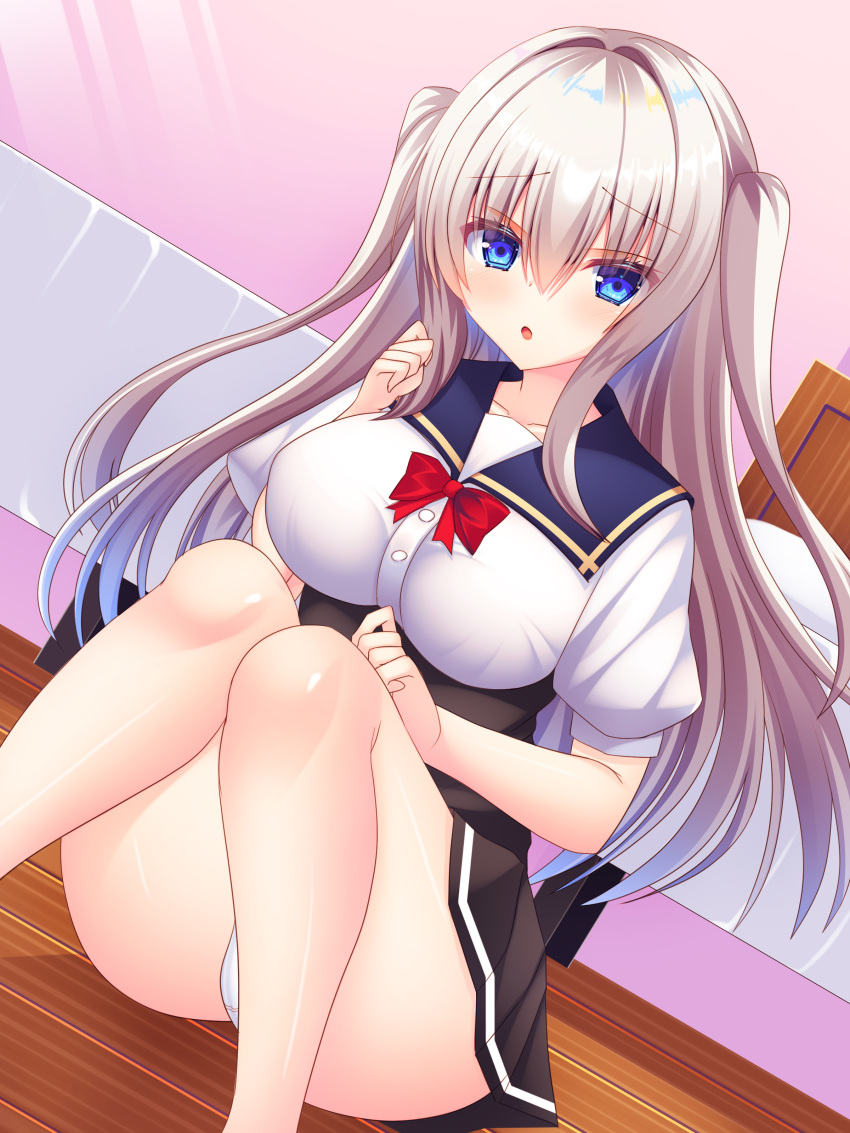 :o absurdres bed bed_sheet black_skirt blue_eyes blue_sailor_collar blush breasts collarbone female hair_between_eyes highres indoors knees_together_feet_apart knees_up large_breasts light_brown_hair long_hair looking_at_viewer open_mouth original panties pantyshot pleated_skirt sailor_collar school_uniform shitou_kazuaki short_sleeves sidelocks sitting skirt solo thighs two_side_up underwear white_panties wooden_floor