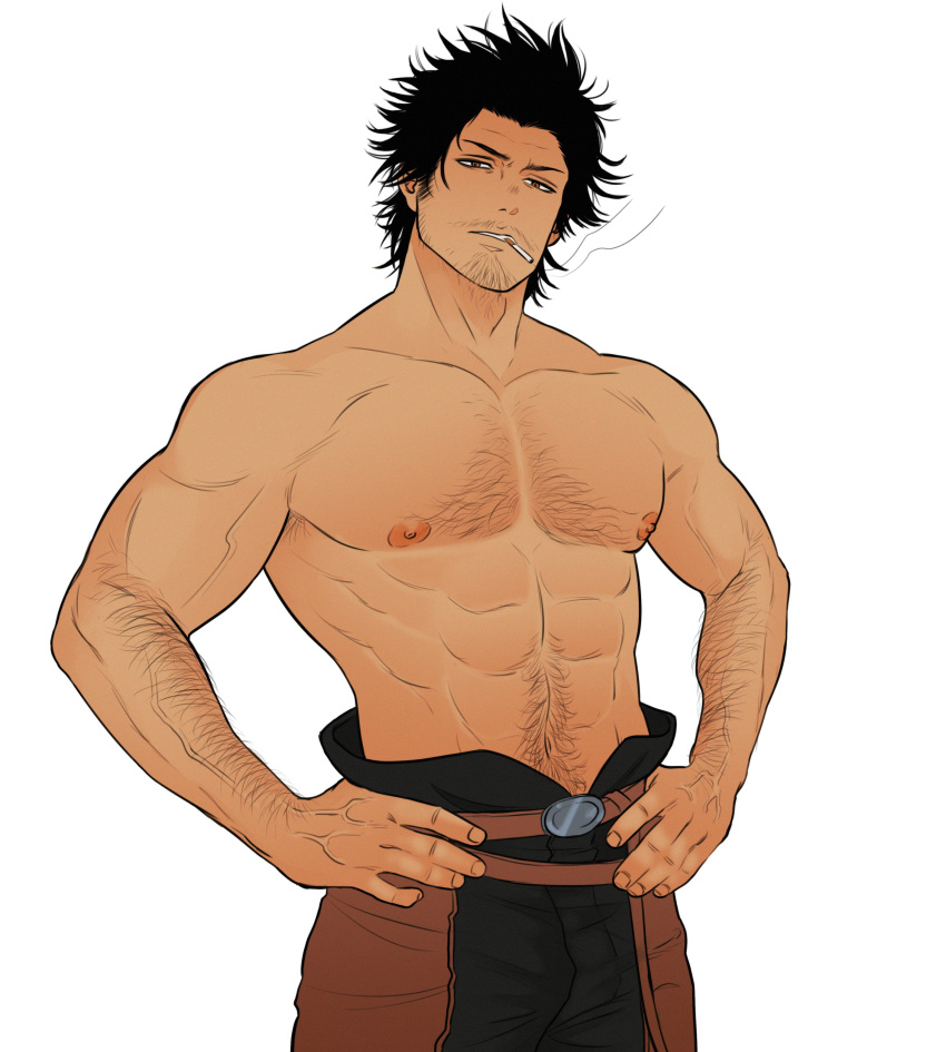 1boy abs absurdres arm_hair armpit_hair armpits bara belt black_clover black_hair chest_hair facial_hair g00miato goatee hairy hand_on_own_hip highres large_pectorals leather looking_at_viewer male_focus mature_male moustache muscular muscular_male navel navel_hair nipples pectoral_cleavage pectorals pubic_hair sideburns smoke smoking solo spiked_hair stomach stubble topless topless_male veins veiny_arms yami_sukehiro