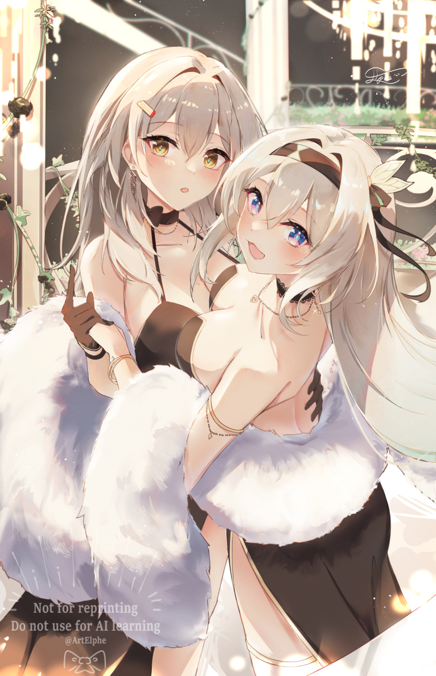 2girls :d :o backless_dress backless_outfit bare_shoulders black_bow black_choker black_dress black_gloves black_hairband blue_pupils bow bow_choker bracelet breasts choker cleavage dress earrings elphe firefly_(honkai:_star_rail) gloves grabbing_another's_hand green_pupils grey_hair hair_between_eyes hair_intakes hair_ornament hairband hand_on_another's_waist highres honkai:_star_rail honkai_(series) jewelry lace lace_choker large_breasts light_blush long_hair looking_at_viewer multicolored_eyes multiple_girls necklace open_mouth purple_eyes sleeveless sleeveless_dress smile stelle_(honkai:_star_rail) strapless strapless_dress thighlet trailblazer_(honkai:_star_rail) twitter_username two-tone_eyes watermark yellow_eyes yuri