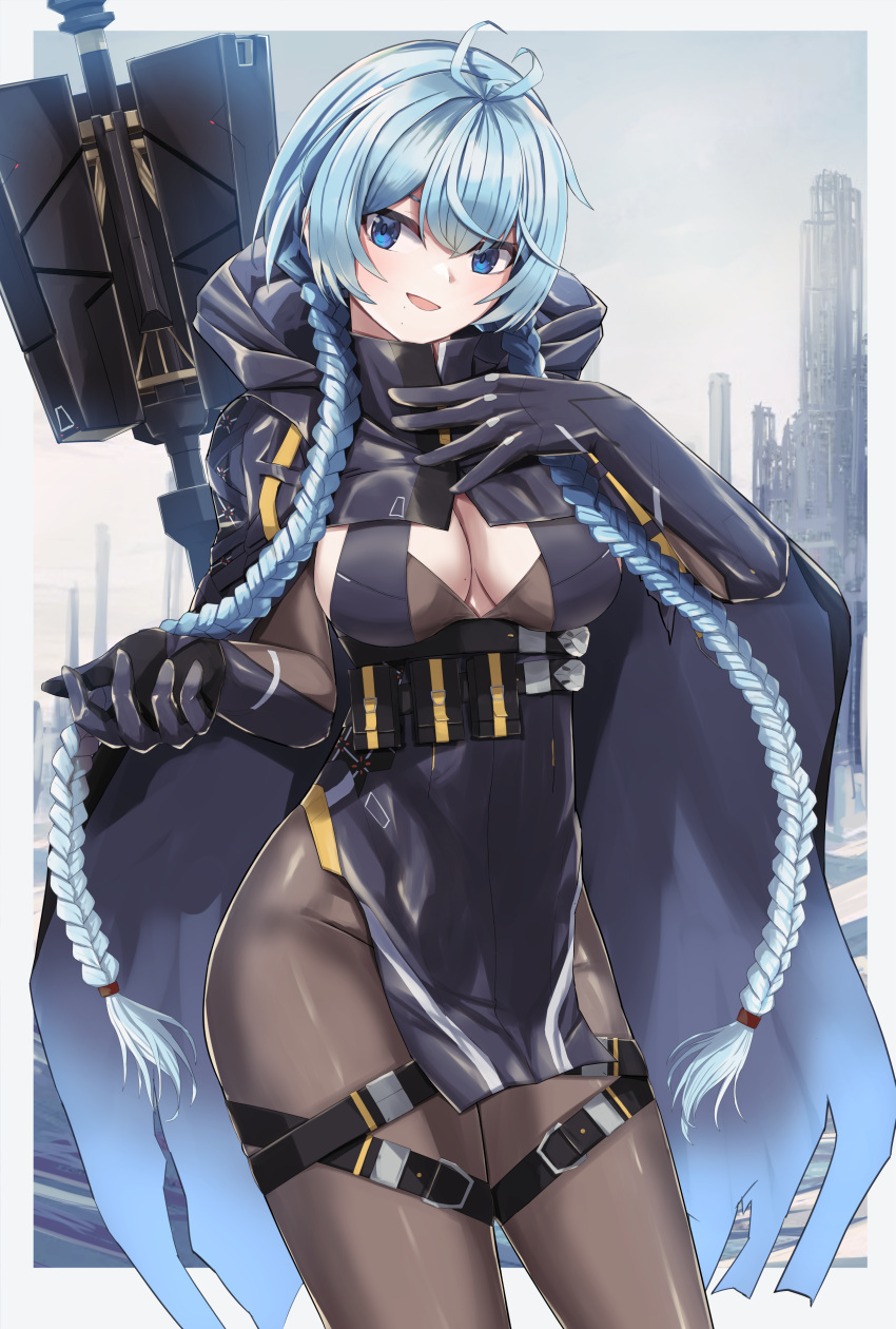 :d absurdres anila_(counter:side) antenna_hair belt black_cloak black_gloves blue_eyes blue_hair border braid breasts building cleavage cloak commentary counter:side female gloves groin hand_on_own_chest high_belt highres hood hood_down hooded_cloak long_hair looking_at_viewer low_twin_braids medium_breasts mole mole_on_breast mole_under_eye msto multiple_moles outside_border pantyhose pelvic_curtain pouch ruins skyscraper smile solo staff standing thigh_belt thigh_strap twin_braids underbust white_border