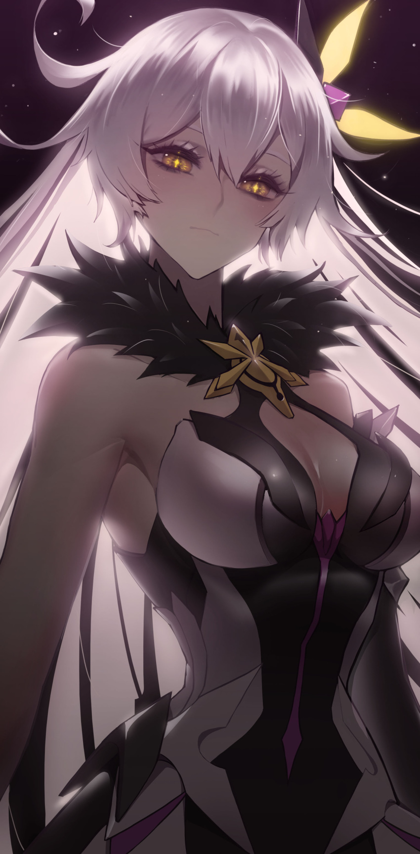 absurdres bare_shoulders breasts cleavage closed_mouth dress expressionless female hair_between_eyes hair_ornament highres honkai_(series) honkai_impact_3rd kiana_kaslana kiana_kaslana_(herrscher_of_the_void) long_hair looking_at_viewer lxy4141075 solo upper_body very_long_hair white_hair yellow_eyes