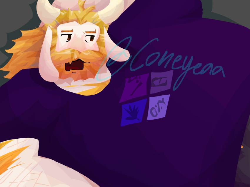 2024 anthro asgore_dreemurr beard blonde_hair body_hair bovid caprine chest_hair cigarette clothing coneyeaa digital_drawing_(artwork) digital_media_(artwork) drugs facial_hair fangs fire_diamond goat graying_hair hair hi_res horn lying male mammal marijuana nervous obese obese_male on_side overweight overweight_male oxycodone raised_arm scar self-harm_scars shirt signature solo t-shirt teeth topwear undertale_(series) xanax