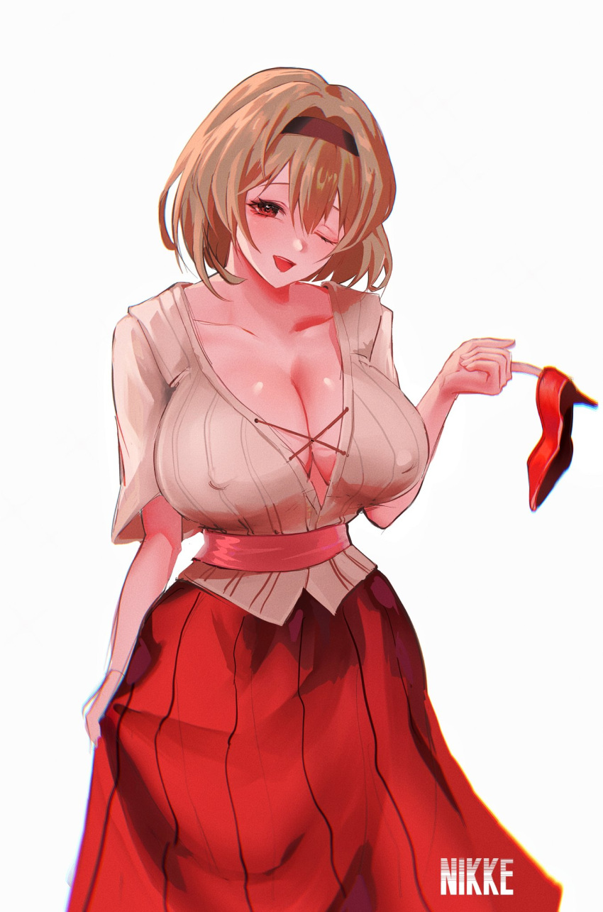 alternate_costume breasts cleavage collarbone covered_nipples female goddess_of_victory:_nikke hairband highres large_breasts light_brown_hair n1n1 one_eye_closed red_footwear red_shoes_(nikke) red_skirt shoes short_hair simple_background skirt solo white_background