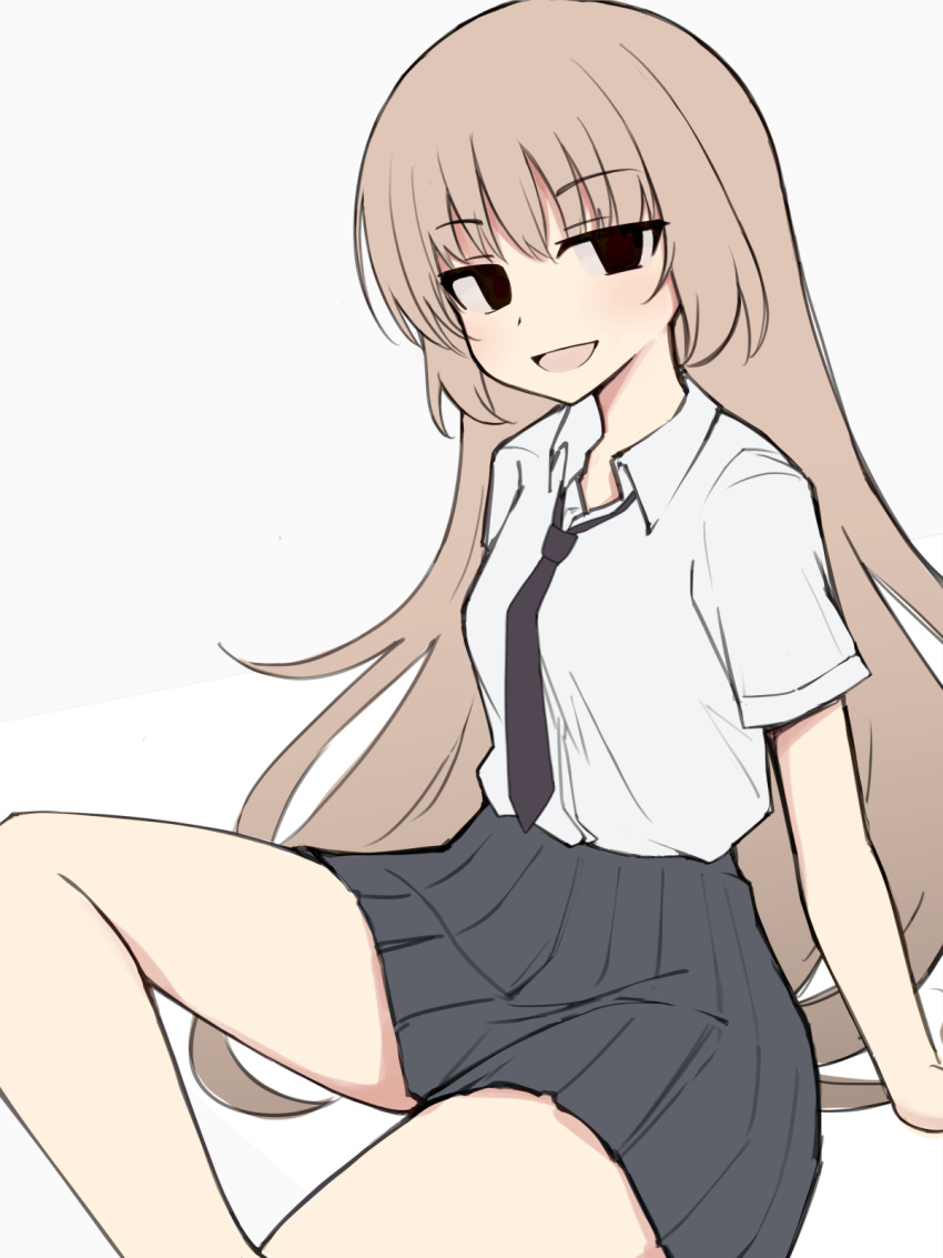 black_eyes brown_hair caraku collared_shirt commentary_request female highres long_hair looking_to_the_side necktie open_mouth original pleated_skirt school_uniform shirt shirt_tucked_in short_sleeves sitting skirt smile solo very_long_hair