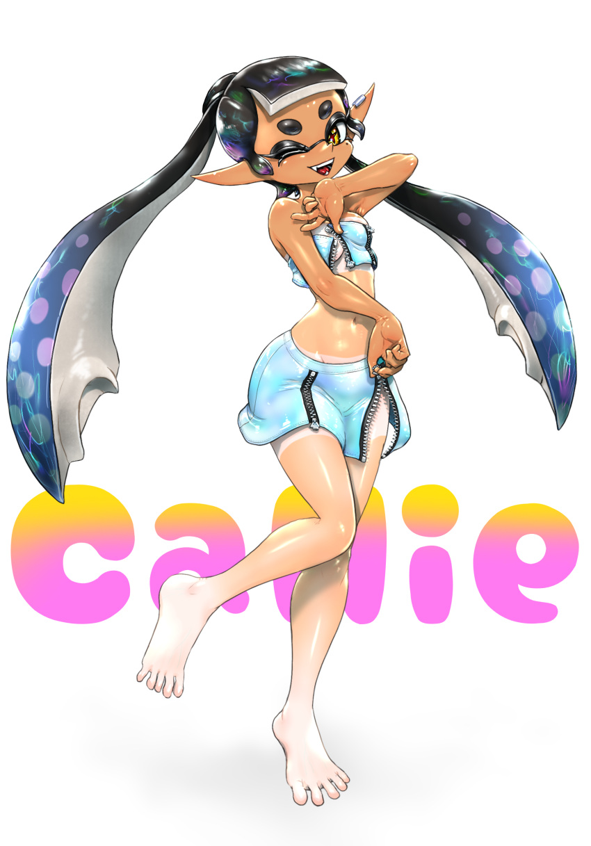 ;d bare_shoulders barefoot black_hair blue_hair blue_skirt blue_tube_top blunt_bangs breasts callie_(splatoon) character_name commentary_request crop_top earclip fangs feet female full_body gradient_hair groin highres holographic_clothing inkling koharu2.5 long_hair long_pointy_ears midriff miniskirt mole mole_under_eye multicolored_hair navel official_alternate_costume one_eye_closed open_mouth pencil_skirt pointy_ears red_pupils sidelocks simple_background skirt smile solo splatoon_(series) splatoon_3 standing standing_on_one_leg strapless suction_cups tan tanlines tentacle_hair thick_eyebrows tube_top twintails two-tone_hair unzipped unzipping white_background yellow_eyes zipper_pull_tab zipper_skirt zipper_top