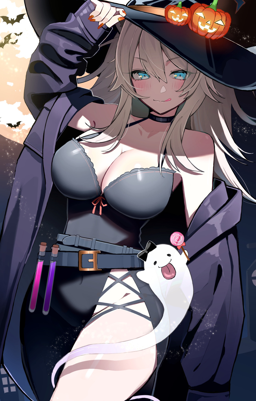 :p :q absurdres bare_shoulders bat_(animal) belt black_belt black_bodysuit black_bow black_choker black_coat black_hat blue_eyes blush bodysuit bow boxterebityan3 breasts choker cleavage coat female full_moon ghost grey_hair hair_between_eyes halloween halloween_costume halterneck hat highres hololive jack-o'-lantern large_breasts long_hair looking_at_viewer moon night off_shoulder orange_nails shishiro_botan side_slit single_leg_bodysuit solo test_tube tongue tongue_out virtual_youtuber witch_hat