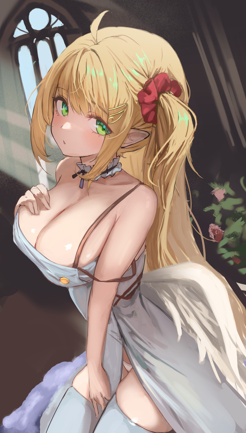 :o absurdres ann_(enye5842) bare_arms bare_shoulders blonde_hair breasts cleavage collarbone commission cowlick dress female green_eyes hair_ornament hair_scrunchie hand_on_own_chest highres light_blush long_hair original panties parted_lips pixiv_commission pointy_ears scrunchie sidelocks skindentation sleeveless sleeveless_dress strap_slip thighhighs underwear very_long_hair white_dress white_panties white_thighhighs