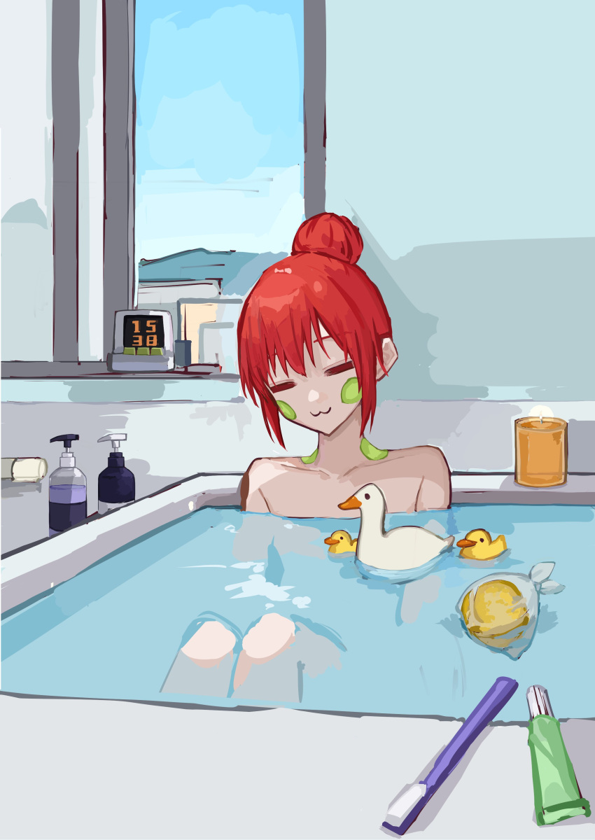 absurdres alternate_hairstyle bath blue_sky bottle closed_eyes closed_mouth completely_nude day double-parted_bangs female hair_between_eyes hair_bun highres indoors kasane_teto nude partially_submerged red_hair rubber_duck sky soap solo utau uwu yomiya_setsu