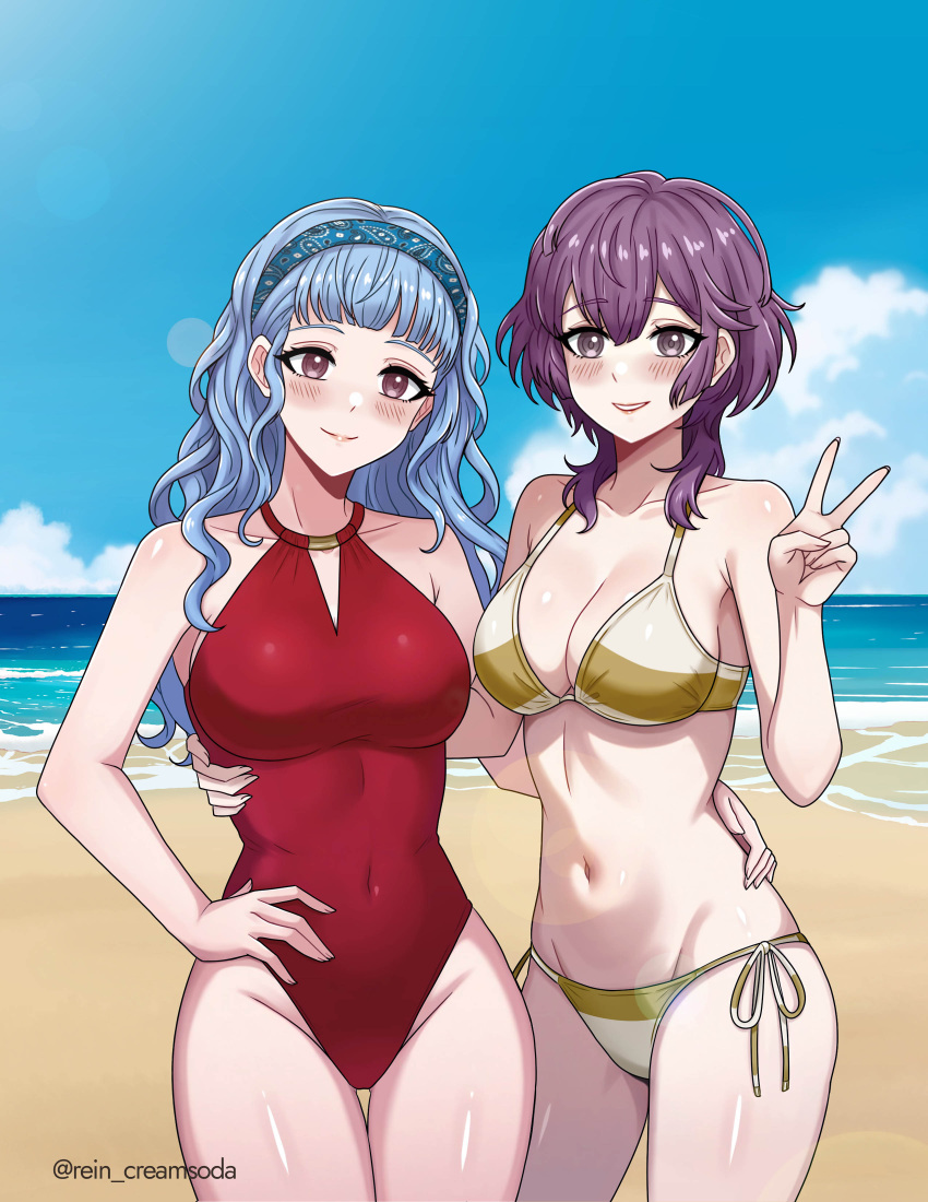 2girls absurdres beach bernadetta_von_varley bikini breasts cleavage collarbone commission english_commentary fire_emblem fire_emblem:_three_houses fire_emblem_warriors:_three_hopes groin highres large_breasts long_hair looking_at_viewer marianne_von_edmund multiple_girls navel official_alternate_hairstyle one-piece_swimsuit purple_eyes purple_hair red_one-piece_swimsuit rein_creamsoda side-tie_bikini_bottom smile striped_bikini striped_clothes swimsuit twitter_username v yellow_bikini