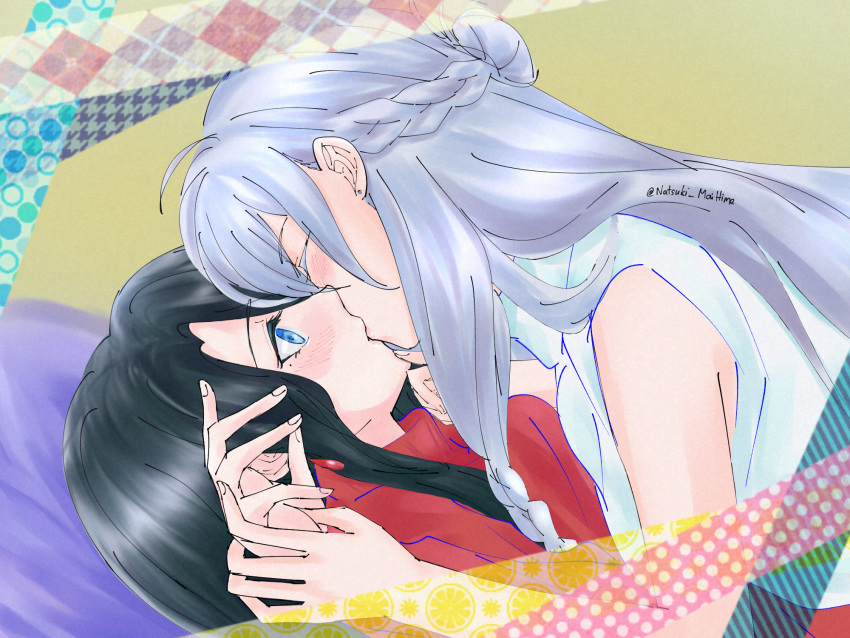 2girls black_hair blue_eyes blue_hair blue_sweater blush closed_eyes commentary_request earrings elaina_(majo_no_tabitabi) fran_(majo_no_tabitabi) half_up_braid hand_on_another's_chin highres holding_another's_wrist jewelry long_hair majo_no_tabitabi multiple_girls natsuki-maihime red_sweater sleeveless sleeveless_sweater stud_earrings sweater twitter_username upper_body yuri