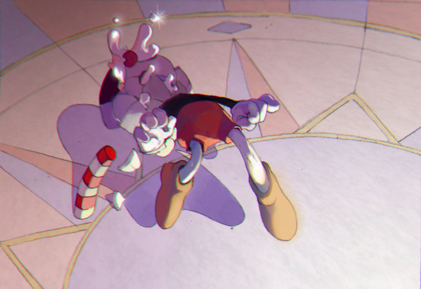 1boy broken_cup broken_vase cup cuphead cuphead_(game) defeat doi_m2000 drinking_straw dripping from_above game_over gloves highres indoors liquid shirt shorts sparkle spill spilling thrown white_gloves