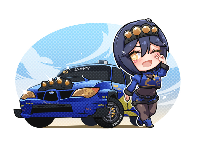 +_+ ;d black_hair blue_footwear blue_shirt blue_shorts blush bodysuit boots breasts brown_bodysuit car chibi commentary_request commission covered_navel crop_top crop_top_overhang female hair_between_eyes hand_up juliet_sleeves long_sleeves looking_at_viewer medium_breasts motor_vehicle one_eye_closed original personification polka_dot polka_dot_background puffy_sleeves shirt short_shorts shorts skeb_commission smile solo subaru_impreza warashi