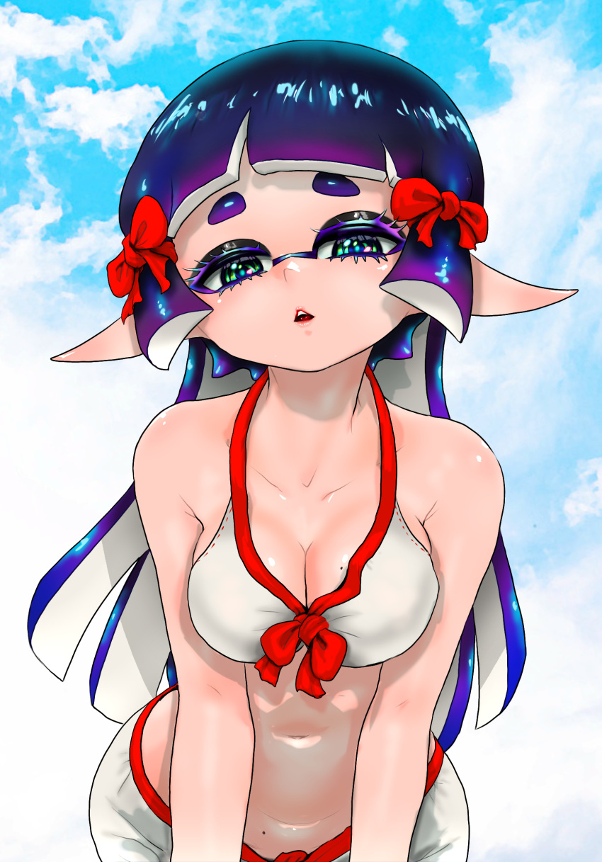 bikini blue_hair blue_sky blunt_bangs blunt_ends bow breasts breasts_squeezed_together callie_(splatoon) cleavage cloud cloudy_sky colored_eyelashes cowboy_shot female front-tie_bikini_top front-tie_top gradient_hair green_eyes hairbow highres hime_cut koharu2.5 leaning_forward long_hair long_pointy_ears looking_at_viewer mole mole_on_breast mole_on_stomach multicolored_hair navel official_alternate_hairstyle open_mouth pointy_ears pointy_nose purple_hair red_bow red_lips red_trim shorts sidelocks sky solo splatoon_(series) swimsuit tentacle_hair white_bikini white_shorts