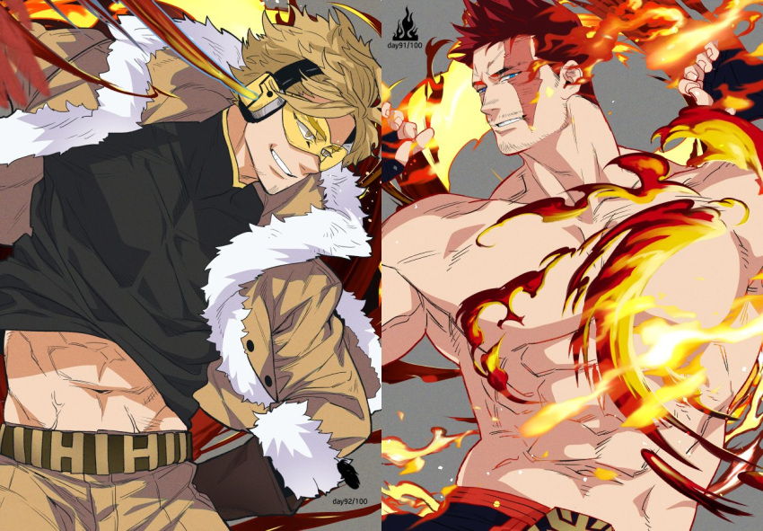 2boys abs bara beard_stubble biceps blonde_hair blue_eyes blue_pants boku_no_hero_academia commentary endeavor_(boku_no_hero_academia) english_text facial_hair feathers fingerless_gloves fire fur-trimmed_jacket fur_trim gloves hawks_(boku_no_hero_academia) headphones jacket looking_at_viewer looking_to_the_side male_focus multiple_boys muscular muscular_male mustache_stubble navel pants pectorals red_feathers red_hair scar scar_across_eye smile stubble symbol-only_commentary tinted_eyewear topless_male yan_(bltyann) yellow-tinted_eyewear yellow_jacket yellow_pants