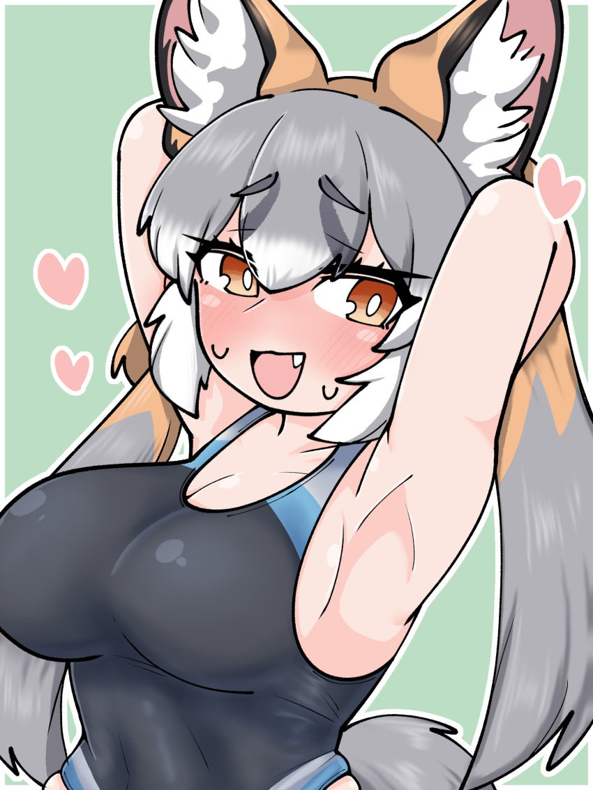 animal_ears armpits arms_up blush brown_eyes brown_hair extra_ears female fox_ears fox_girl fox_tail green_background grey_hair heart highres island_fox_(kemono_friends) kemono_friends long_hair looking_at_viewer niboshi_(niboshi_aruku) ribbon simple_background solo sweat swimsuit tail twintails