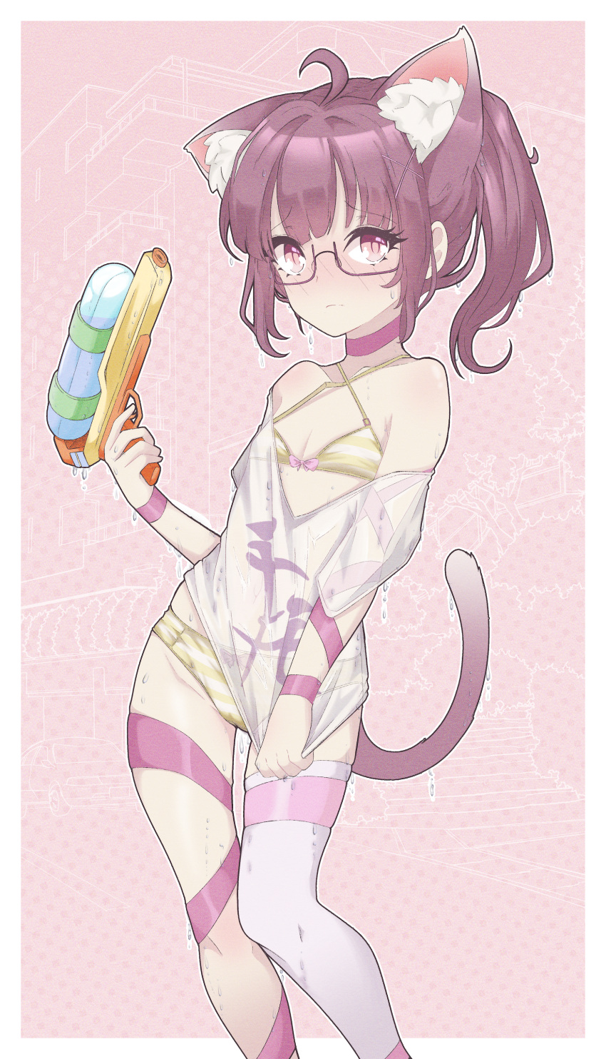 absurdres ahoge animal_ear_fluff animal_ears arm_ribbon bikini blush breasts brown_hair cat_ears cat_girl cat_tail fallenshadow female glasses highres indie_virtual_youtuber leg_ribbon long_hair neck_ribbon pettan_(zeez4743) pink_background pink_eyes ponytail ribbon shirt shirt_tug simple_background small_breasts solo striped_bikini striped_clothes swimsuit tail thigh_ribbon thighs virtual_youtuber water_gun white_shirt