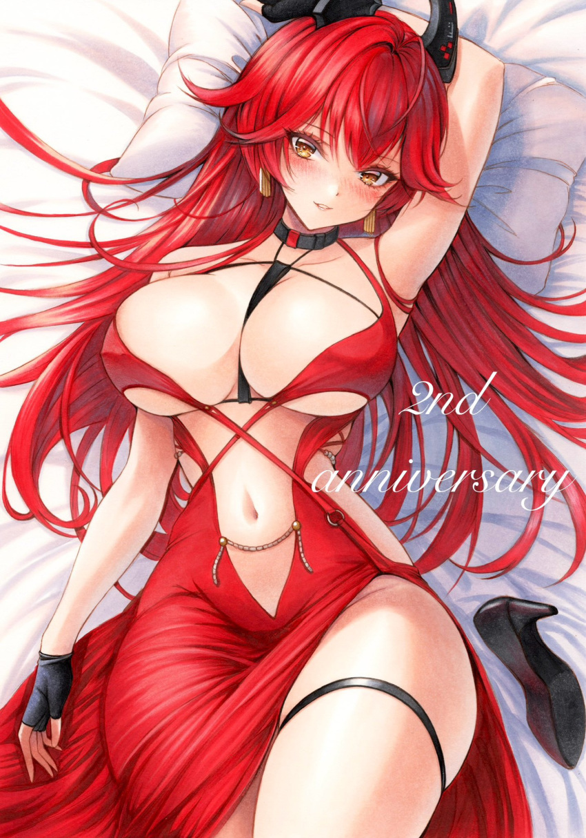 black_choker breasts choker clothing_cutout dress female goddess_of_victory:_nikke highres horns large_breasts looking_at_viewer lying mechanical_horns navel navel_cutout official_alternate_costume on_back red_dress red_hood_(nikke) red_hood_(nonsense_red)_(nikke) solo stomach_cutout yellow_eyes yosaku_vs_hina