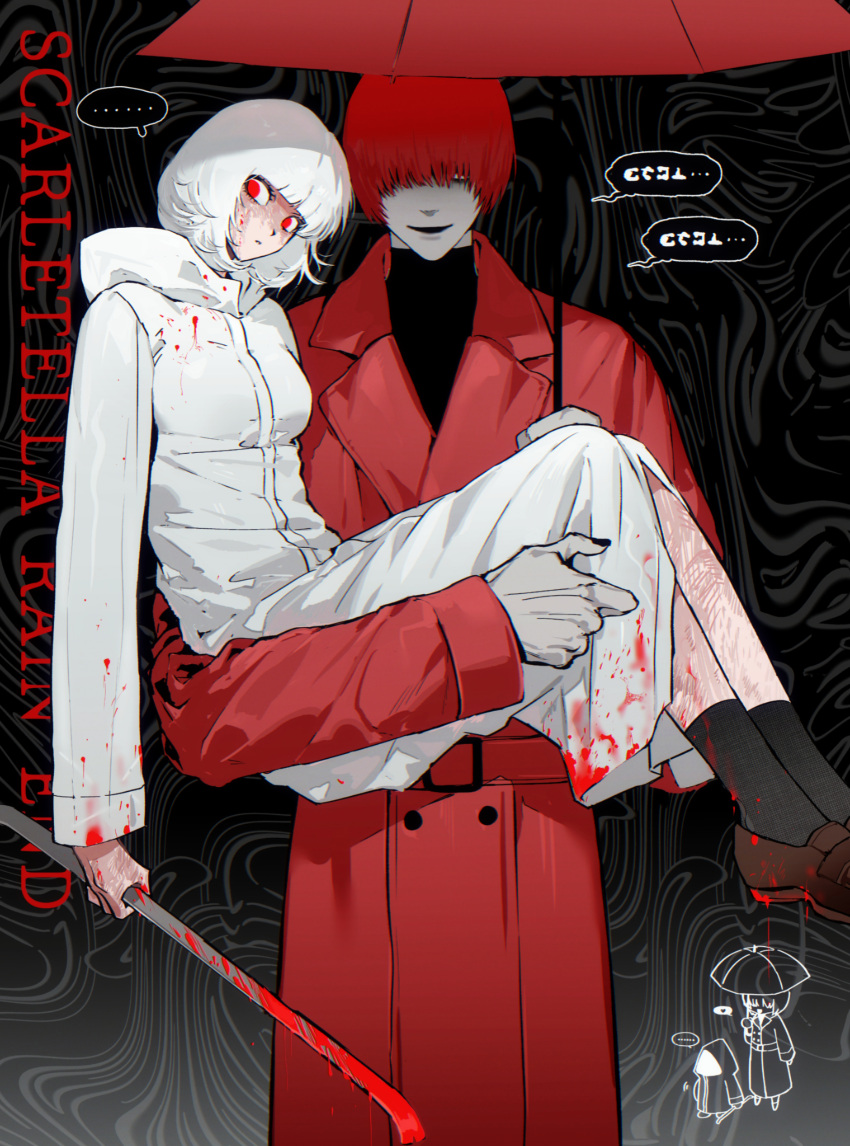 1boy absurdres black_background blood blood_on_clothes blood_on_face carrying coat crowbar female hair_over_eyes heroine_(homicipher) highres holding holding_crowbar holding_umbrella homicipher mr_scarletella poem_(poem031027) princess_carry red_coat red_hair red_umbrella short_hair umbrella white_hair white_raincoat