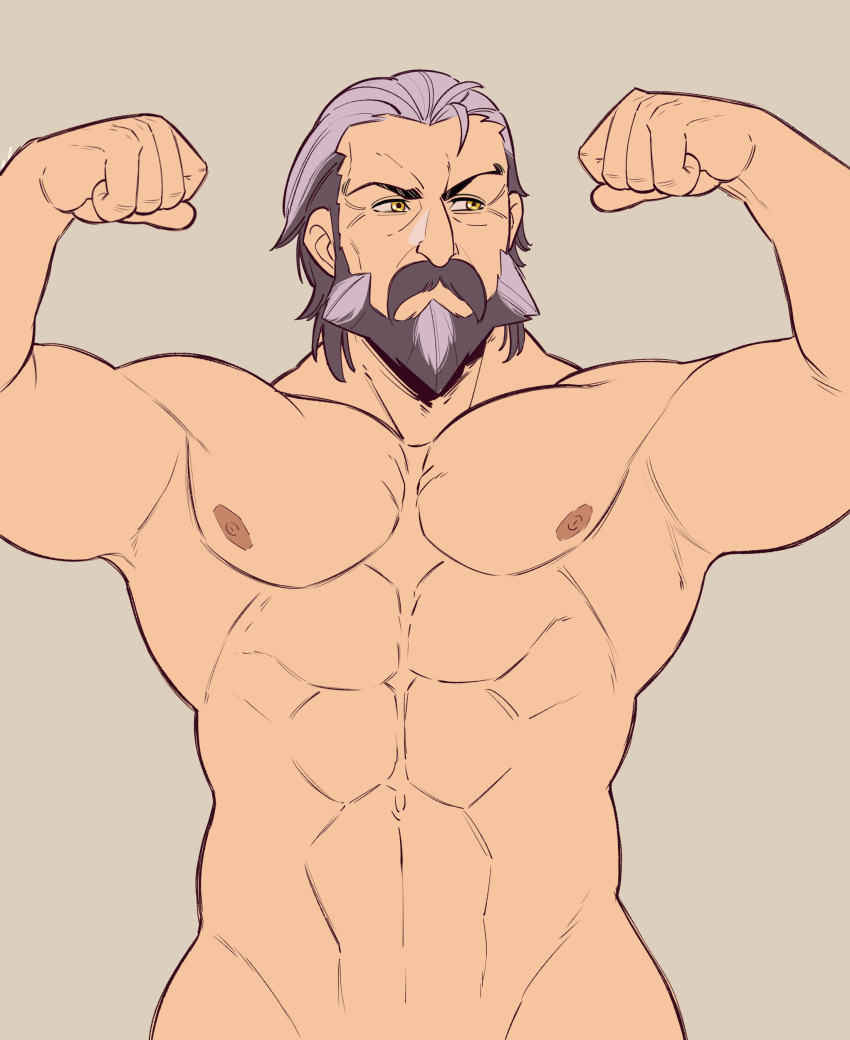 1boy abs absurdres armpits arms_up bara bare_pectorals beard biceps black_hair double_biceps_pose facial_hair flexing highres large_pectorals looking_to_the_side male_focus mature_male moustache multicolored_hair muscular muscular_male navel nipples nude old old_man pectoral_cleavage pectorals pompey_(zenless_zone_zero) simple_background standing white_hair wrinkled_skin yorumaell zenless_zone_zero