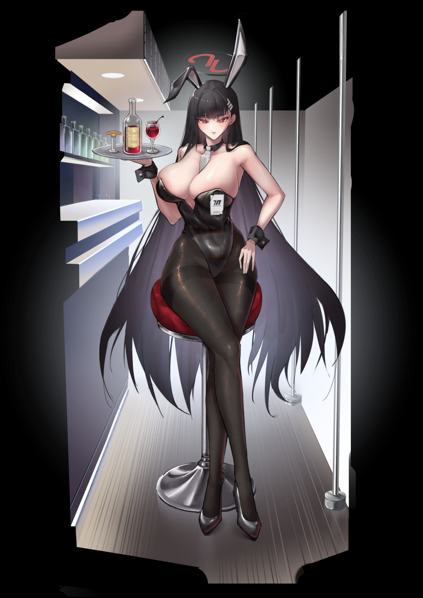 absurdres animal_ears black_hair black_pantyhose blue_archive detached_collar fake_animal_ears hair_ornament hairclip hairpin halo highres long_hair pantyhose pencil9 playboy_bunny rabbit_ears red_eyes rio_(blue_archive) very_long_hair