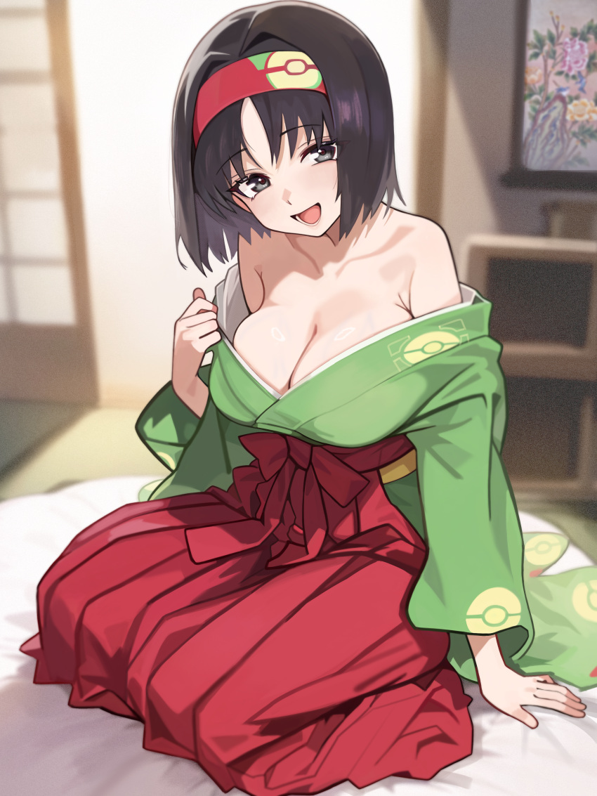 :d absurdres bare_shoulders black_eyes black_hair breasts cleavage collarbone erika_(pokemon) female green_kimono hairband hakama highres indoors japanese_clothes kimono korean_commentary large_breasts long_sleeves looking_at_viewer open_mouth pokemon pokemon_lgpe red_hairband red_hakama rehu_(astd5787) sitting smile solo