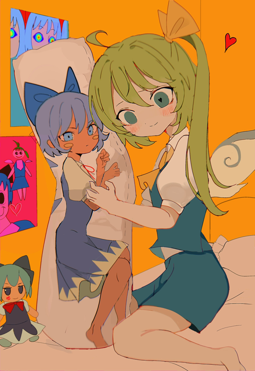 absurdres ascot barefoot bed blue_bow blue_dress blue_eyes blue_hair blue_skirt blue_vest blush_stickers bow child's_drawing cirno comkdom daiyousei dakimakura_(object) drawing_(object) dress fairy fairy_wings female fumo_(doll) green_eyes green_hair hair_ribbon hairbow heart heart-shaped_pupils highres hugging_object ice ice_wings lipstick_mark on_bed pillow pillow_hug puffy_short_sleeves puffy_sleeves ribbon shirt short_hair short_sleeves side_ponytail skirt smile symbol-shaped_pupils tanned_cirno touhou vest white_shirt wings yellow_ascot yellow_ribbon