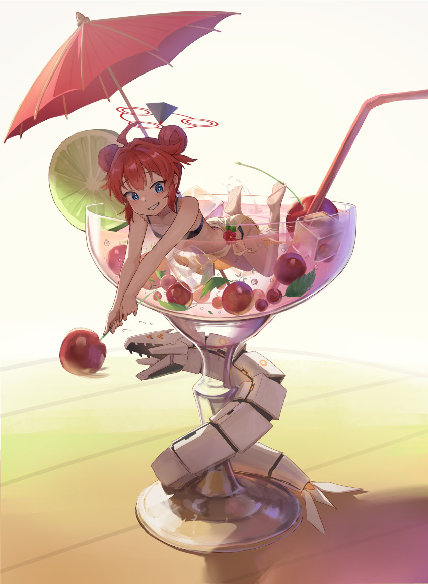 absurdres ahoge bare_arms barefoot bikini binah_(blue_archive) black_bikini blue_archive blue_eyes blush cherry cocktail_glass cocktail_umbrella cup double_bun drinking_glass drinking_straw female flat_chest flying_sweatdrops food fruit grin hair_bun halo highres hirotaka0125 holding holding_food ice ice_cube in_container in_cup lime_(fruit) lime_slice maki_(blue_archive) mini_person minigirl partially_submerged red_hair robot sarong shadow short_hair sidelocks smile solo speed_lines swimsuit white_background