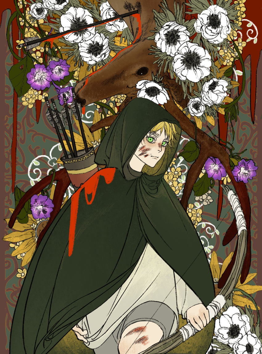 1boy absurdres aged_down arrow_(projectile) axis_powers_hetalia blonde_hair blood blood_on_clothes blood_on_face bow_(weapon) cloak cowboy_shot deer_head floral_background flower green_cloak green_eyes highres holding holding_bow_(weapon) holding_weapon injury lolicon looking_at_viewer male_focus scratches short_hair solo suilin82942 thick_eyebrows tunic united_kingdom_(hetalia) weapon