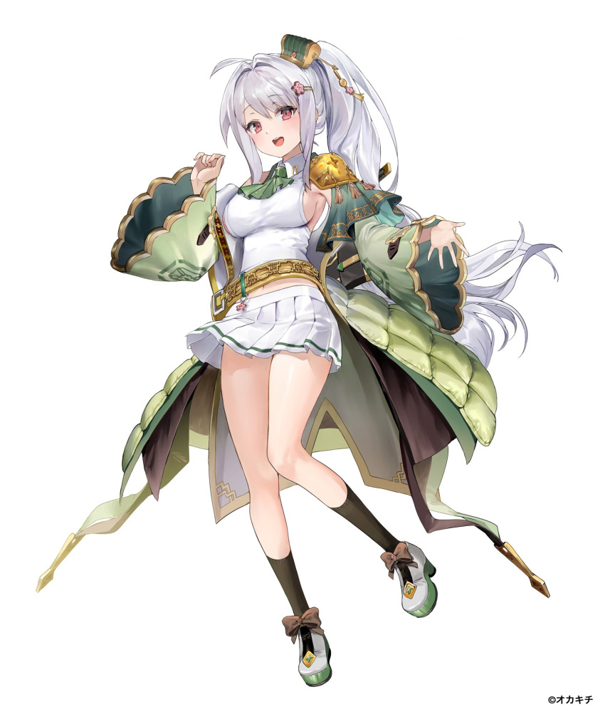 :d ahoge ascot black_socks bow breasts brown_bow character_request collared_shirt commentary_request copyright_request dohyo123123 dot_nose female footwear_bow full_body green_ascot hair_ornament high_heels highres knees_together_feet_apart large_breasts light_blush long_hair long_sleeves looking_at_viewer midriff_peek miniskirt navel open_mouth pink_eyes platform_footwear pleated_skirt ponytail shirt sideboob simple_background skirt smile socks solo teeth upper_teeth_only very_long_hair white_background white_footwear white_hair white_shirt white_skirt