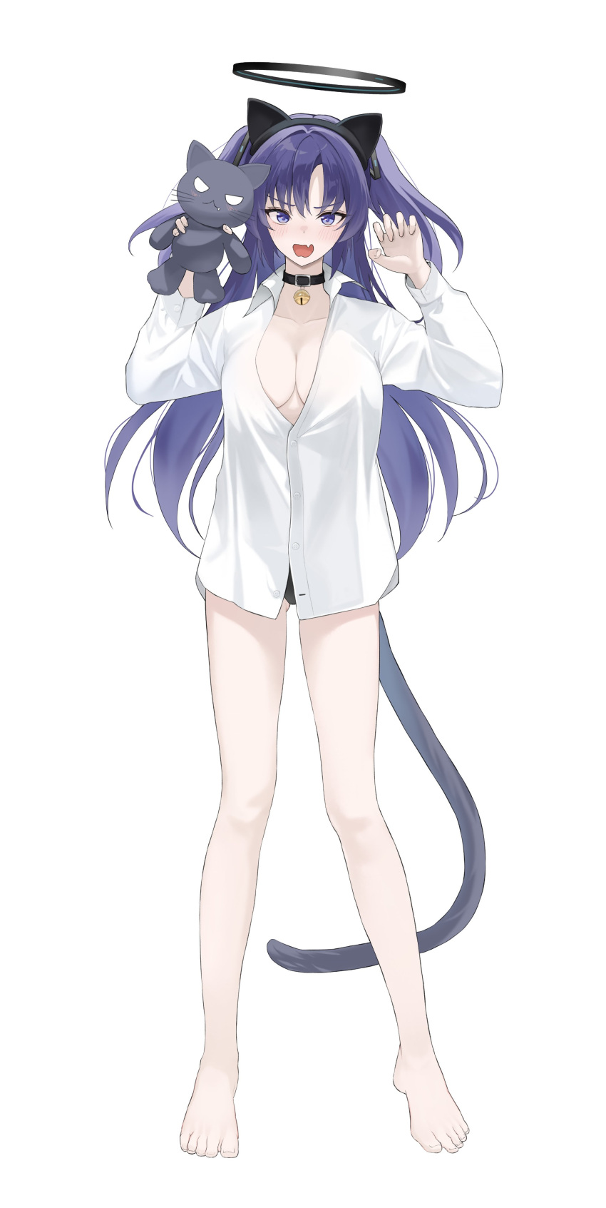 absurdres alternate_costume animal_ears black_halo blue_archive cat_ears cat_tail female full_body halo highres hwa_n01 mechanical_halo naked_shirt purple_eyes purple_hair shirt simple_background solo stuffed_animal stuffed_toy tail white_background white_shirt yuuka_(blue_archive)