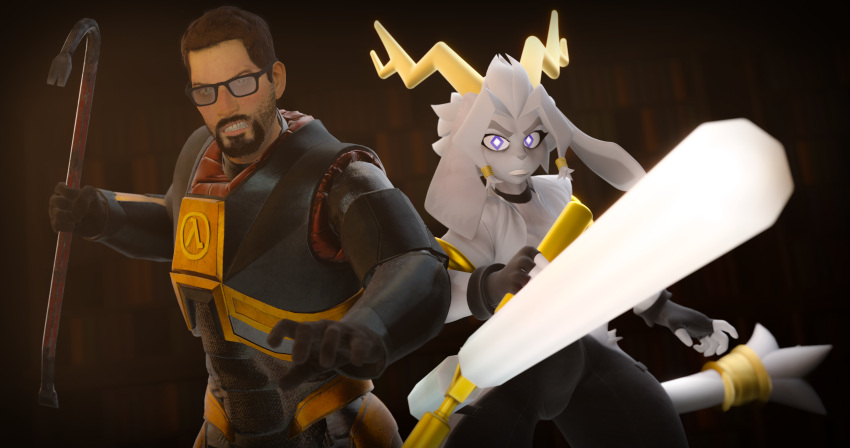 absurd_res angry anthro blender_(artwork) blender_eevee brown_hair crowbar digital_media_(artwork) dream_breaker_(pseudoregalia) duo eyewear facial_hair female fighting_pose glasses goatee gordon_freeman hair half-life hev_suit hi_res holding_melee_weapon holding_object holding_weapon horn human library looking_at_viewer male male/female mammal melee_weapon pose pseudoregalia sybil_(pseudoregalia) tail theant/thedirtyant tools valve weapon wearing_glasses