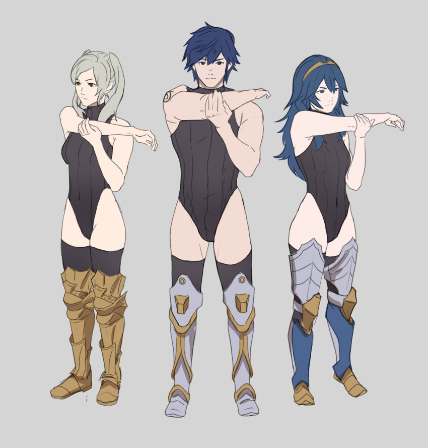 1boy 2girls arm_tattoo bare_arms blue_eyes blue_hair boots chrom_(fire_emblem) fire_emblem fire_emblem_awakening fire_emblem_heroes frown full_body grey_background grey_hair highres leotard long_hair lucina_(fate's_resolve)_(fire_emblem) lucina_(fire_emblem) medium_hair multiple_girls muscular muscular_male official_alternate_costume pomelomelon robin_(female)_(fire_emblem) robin_(fire_emblem) short_hair sleeveless standing stretching tattoo thighhighs thighs tiara twintails