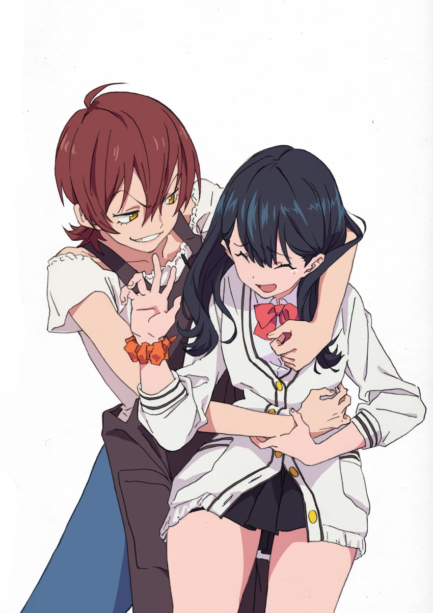 2girls :d ^_^ arai_hiroki bad_id bad_twitter_id black_hair black_skirt bow bowtie cardigan closed_eyes collarbone commentary_request gridman_universe grin highres hug laughing long_hair mature_female mother_and_daughter multiple_girls open_mouth orange_scrunchie red_bow red_bowtie school_uniform scrunchie short_hair skirt smile ssss.gridman sweater takarada_orie takarada_rikka tears tickling tickling_sides white_cardigan white_sweater wrist_scrunchie