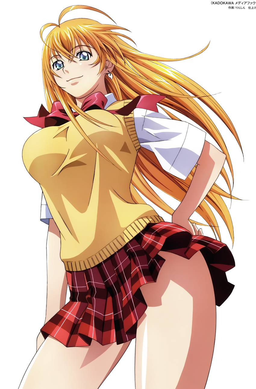 absurdres blonde_hair blue_eyes earrings female hand_on_own_hip highres ikkitousen jewelry long_hair magatama magatama_earrings pleated_skirt red_skirt rin-sin school_uniform simple_background skirt solo sonsaku_hakufu white_background