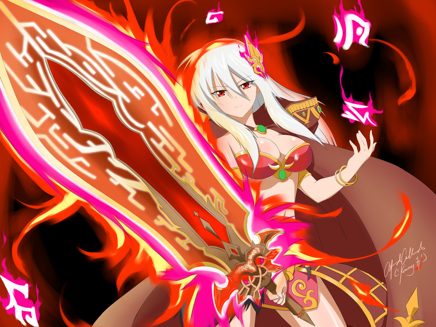 armor bare_shoulders bikini_armor brave_frontier breasts cleavage female fiora kimmy77 long_hair looking_at_viewer magic navel red_eyes serious solo standing sword white_hair