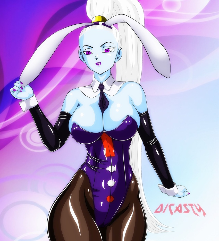 angel animal_ears blue_skin breasts bunny_ears bunnysuit dicasty dragon_ball dragon_ball_super female female nail_polish necktie ponytail thick_thighs thighs tied_hair vados_(dragon_ball) white_hair