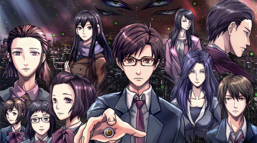 3boys 6+girls commentary dual_persona glasses izumi_nobuko izumi_shin'ichi kimishima_kana kiseijuu migi multiple_boys multiple_girls murano_satomi philippa school_uniform shimada_hideo suzuki_akiho tachikawa_yuuko tamiya_ryouko tamura_reiko