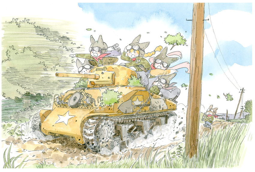 bad_id bad_pixiv_id cloud commentary_request furry grass m4_sherman military military_vehicle motor_vehicle nyanta_(nyanta-nyankichi-2013) original shovel sky tank traditional_media tree