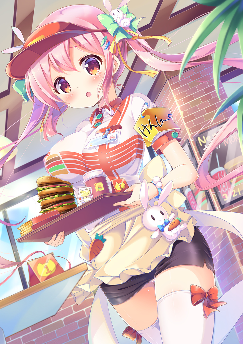 :o apron armband black_thighhighs blush bow bow_legwear breasts burger carrot commentary_request female food french_fries green_bow hair_ornament hair_ribbon hairbow hat highres inconvenient_breasts kurou_(quadruple_zero) large_breasts long_hair moe2016 open_mouth orange_eyes original panties pink_hair rabbit red_bow ribbon safety_pin skirt solo striped_clothes striped_panties tears thighhighs tray twintails underwear visor_cap waitress white_thighhighs yellow_ribbon