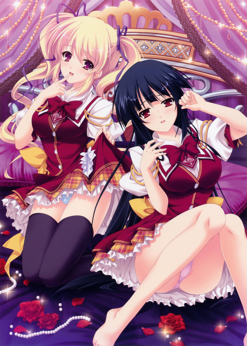 2girls :d :o absurdres bare_legs barefoot bed black_legwear blonde_hair blue_panties blunt_bangs blush clothes_lift drill_hair flower highres hoshikawa_maiki jewelry kimi_wo_aogi_otome_wa_hime_ni knees_together_feet_apart legs looking_at_viewer multiple_girls necklace open_mouth panties parted_lips pearl_necklace photoshop_(medium) pink_panties purple_eyes purple_hair red_eyes rose satou_satoru school_uniform skirt skirt_lift smile takamine_kana tareme thighhighs toes twin_drills twintails underwear