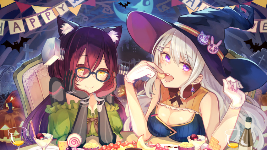 animal_ears brat cleavage halloween higuchi_kaede megane nijisanji roboco-san wallpaper witch