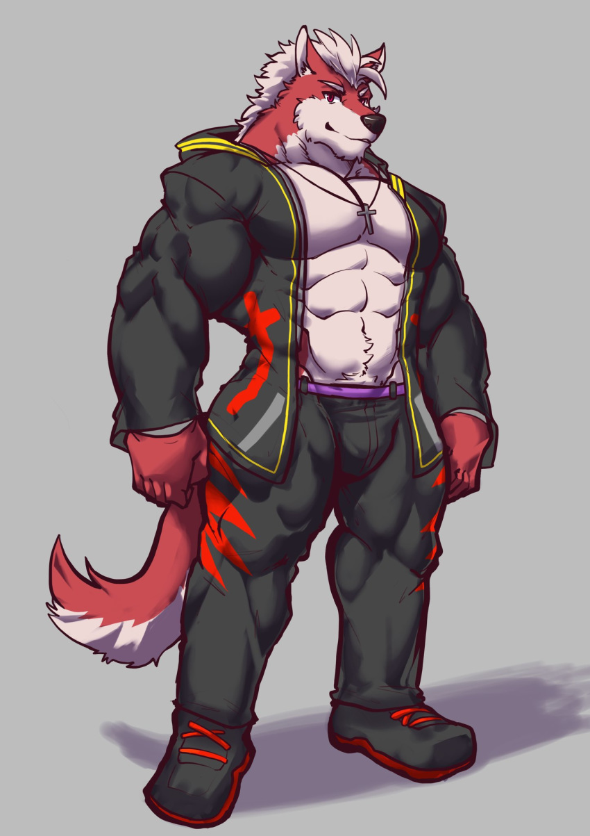 2018 abs alternate_version_at_source anthro biceps black_nose canid canine clothed clothing digital_media_(artwork) fur hi_res istani male mammal muscular muscular_anthro muscular_male open_clothing open_shirt open_topwear pecs shirt simple_background smile solo topwear