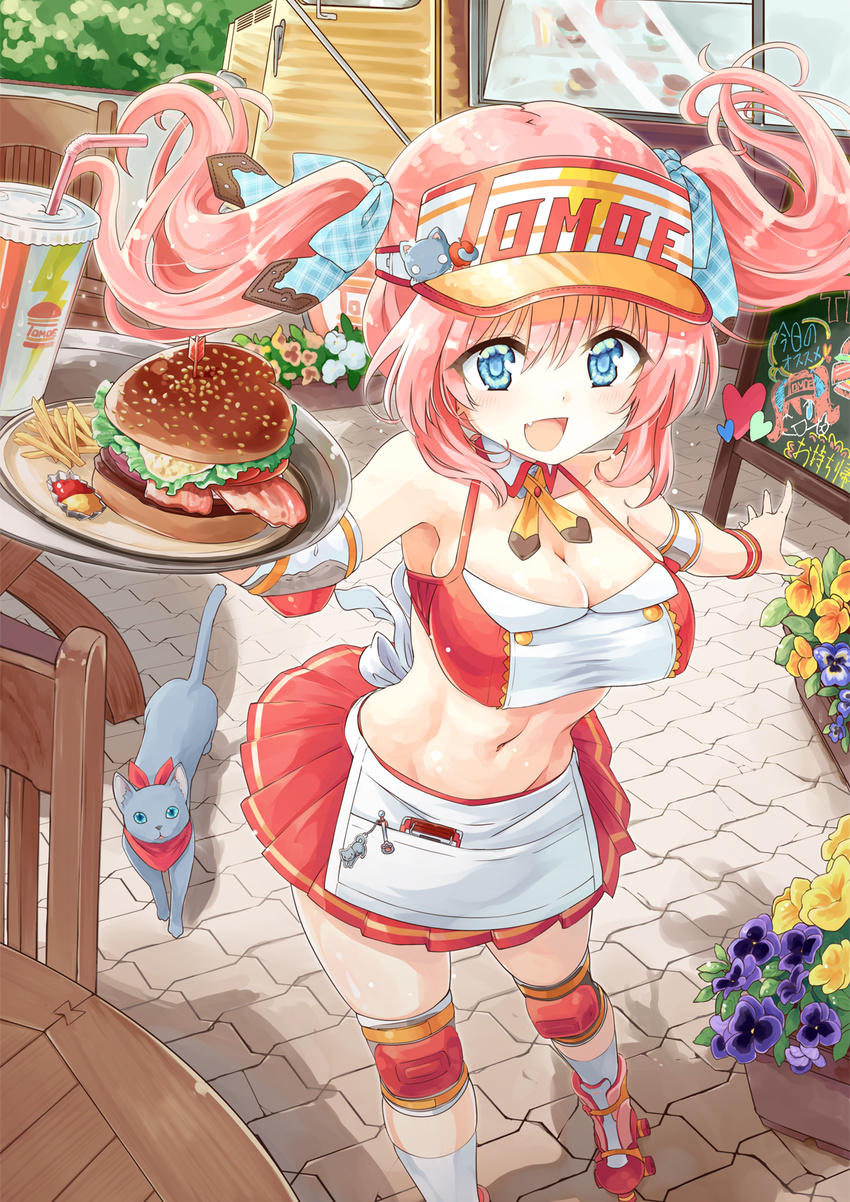 apron blue_eyes blush burger chair commentary_request detached_collar drink drinking_straw elbow_pads feline female flower flower_pot food french_fries from_above happy hat heart highres knee_pads long_hair looking_at_viewer midriff moe2016 naka_akira navel oerba_yun_fang open_mouth original pansy pink_hair pleated_skirt roller_skates skates skirt smile solo stomach table tray twintails visor_cap waist_apron waitress