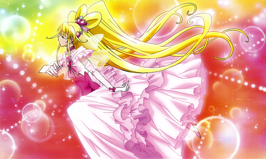 aida_mana alternate_costume alternate_hairstyle blonde_hair boots closed_eyes cure_heart dokidoki!_precure dress female gloves hair_ornament half_updo heart high_heels long_hair official_art precure ribbon solo source_request ueno_ken very_long_hair wedding_dress white_gloves