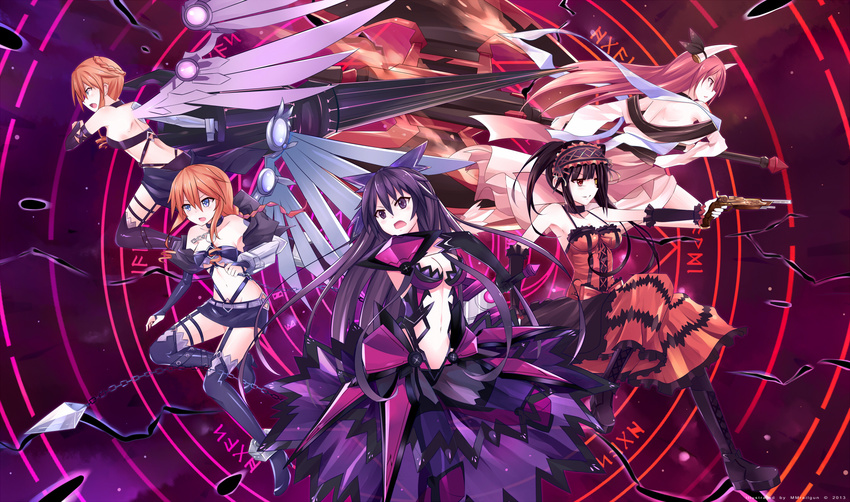 5girls armor armored_dress bare_shoulders black_hair blue_eyes boots bow braid breasts chains cleavage clock_eyes commentary dark_persona date_a_live dress english_commentary gun hair_ornament hairband halberd heterochromia highres itsuka_kotori lightning lolita_fashion lolita_hairband long_hair medium_breasts mmrailgun multiple_girls navel orange_hair polearm purple_eyes purple_hair red_eyes red_hair revealing_clothes ribbon short_hair siblings sisters sword symbol-shaped_pupils thigh_boots thighhighs tokisaki_kurumi twins twintails weapon wide_sleeves wings yamai_kaguya yamai_yuzuru yatogami_tenka yatogami_tooka yellow_eyes