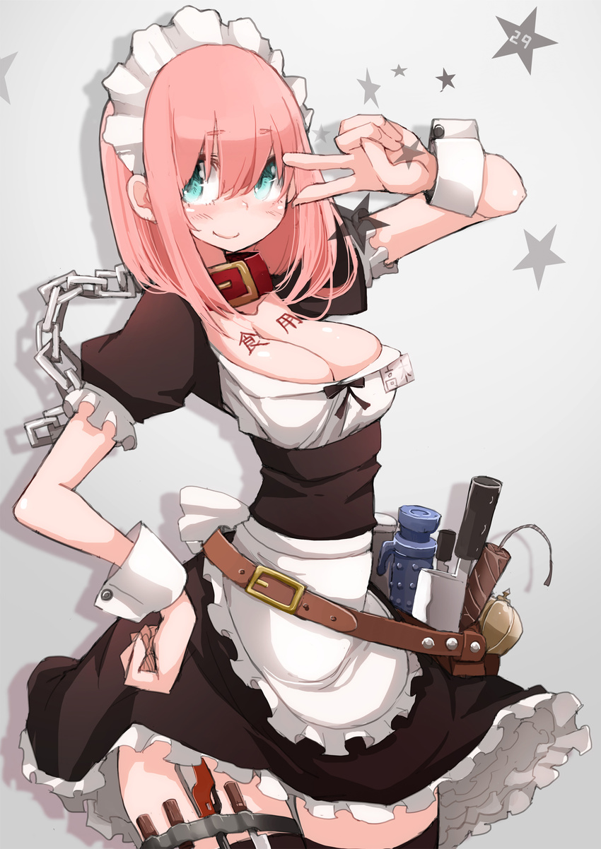 apron belt blue_eyes blush breasts chains cleavage collar commentary_request detached_sleeves dildo dynamite explosive female frilled_skirt frills highres knife large_breasts maid maid_headdress original photoshop_(medium) pink_hair sex_toy skirt solo star_(symbol) takagi_(tansuke) tansuke thigh_strap thighhighs v waist_apron wrist_cuffs