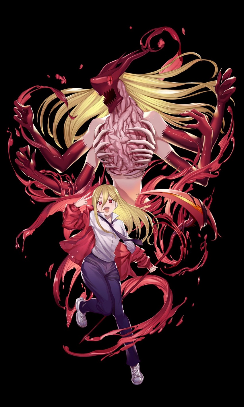 black_background black_necktie black_pants blood_devil_(chainsaw_man) chainsaw_man collared_shirt cross-shaped_pupils dark_background extra_arms extra_horns female hair_between_eyes hemokinesis highres holding holding_scythe horns intestines jacket kiunchiku long_hair looking_at_viewer monster_girl necktie off_shoulder open_mouth pants photoshop_(medium) power_(chainsaw_man) red_eyes red_horns red_jacket ribs scythe sharp_teeth shirt shirt_tucked_in simple_background smile symbol-shaped_pupils teeth very_long_hair white_footwear white_shirt