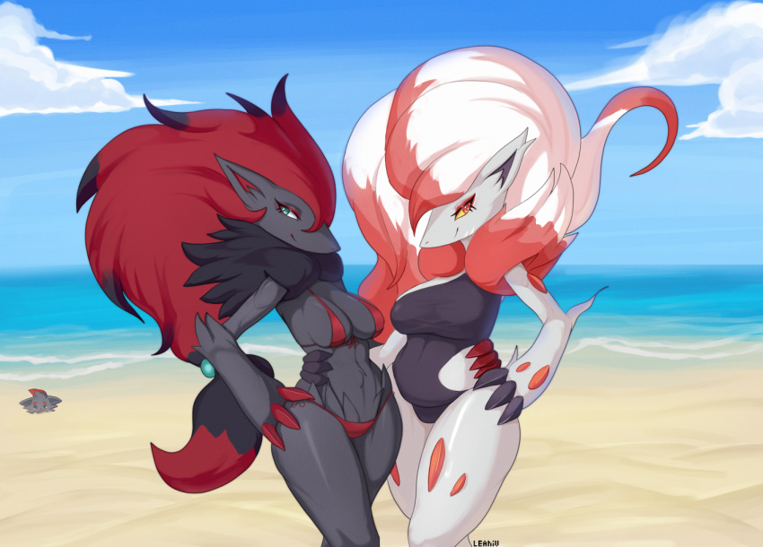 amber_eyes anthro beach big_breasts bikini black_body black_fur blue_eyes breasts buried buried_in_sand canid canine claws clothed clothing duo female female_focus fur fur_markings generation_5_pokemon generation_8_pokemon hair hisuian_form hisuian_zoroark looking_at_viewer mammal markings navel neck_tuft nintendo outside pokemon pokemon_(species) pokemon_legends_arceus red_bikini red_clothing red_hair red_swimwear regional_form_(pokemon) sand seaside smile swimwear thick_thighs tuft vinael water white_body white_fur white_hair yellow_sclera zoroark zorua