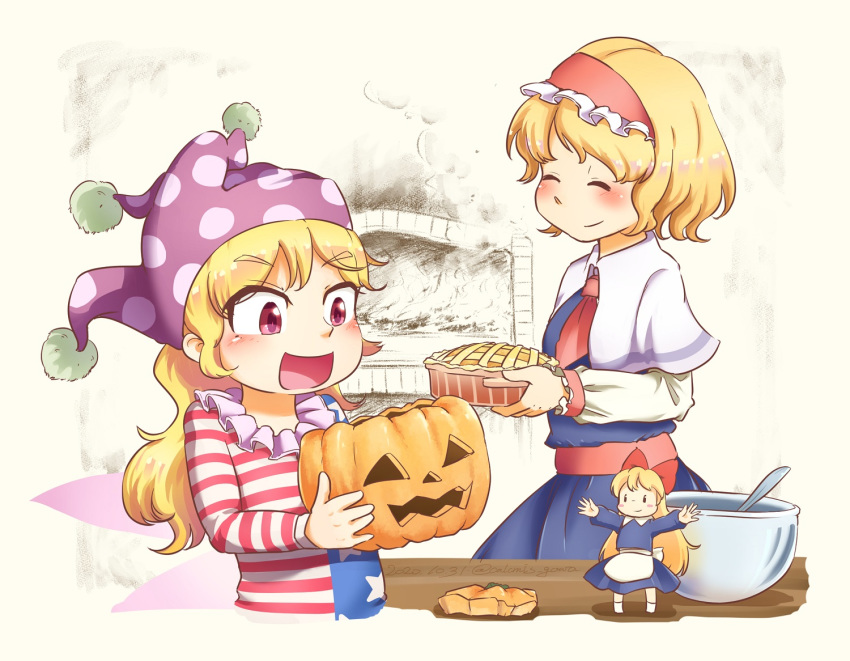 2girls :d alice_margatroid american_flag_dress apron blonde_hair blue_dress bow bowl brick_oven calcmis_gowa capelet closed_eyes clownpiece commentary_request dress fairy_wings fire food hairband hairbow hat holding holding_food jack-o'-lantern jester_cap lolita_hairband long_hair long_sleeves looking_to_the_side multiple_girls neckerchief open_mouth outstretched_arms oven pie polka_dot polka_dot_headwear purple_headwear red_eyes red_neckerchief sash shanghai_doll short_hair smile smoke spread_arms standing table touhou unfinished upper_body very_long_hair waist_apron white_capelet white_sleeves wings